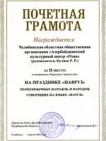 Почётная грамота за II место в номинации "Народное творчество" на празднике «Новруз» от 1.04.2006г.